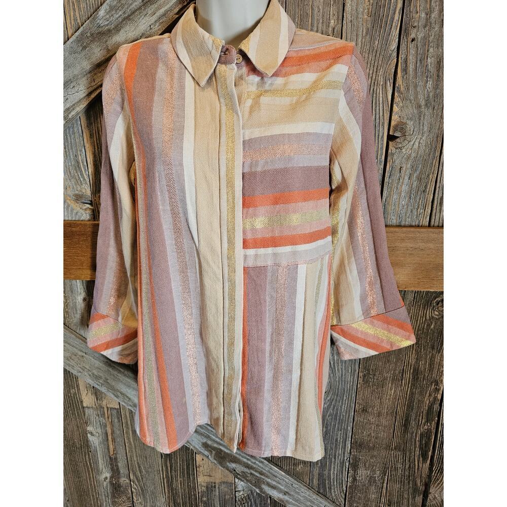 Soft Surroundings Maddalena Button Down Stripe Metallic Tunic Shirt XS P PETITE